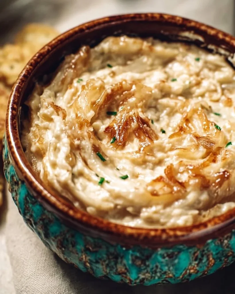 Creamy caramelized onion dip served with chips and veggies