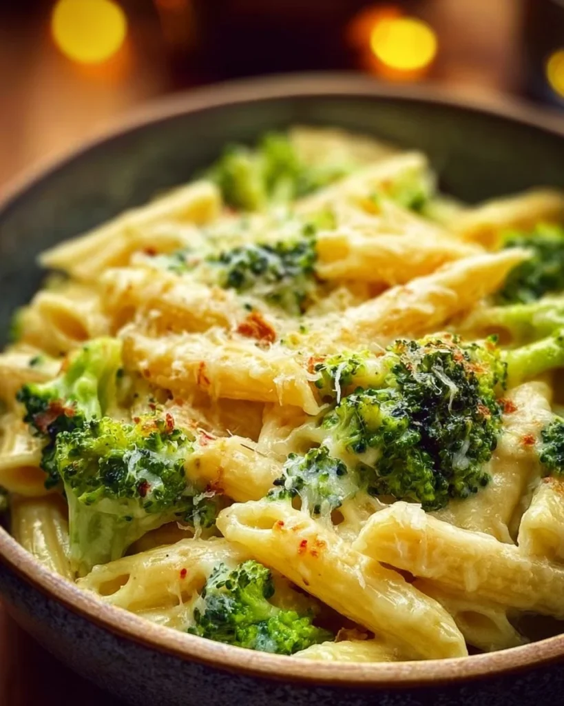 A creamy bowl of cheesy broccoli pasta garnished with fresh herbs.