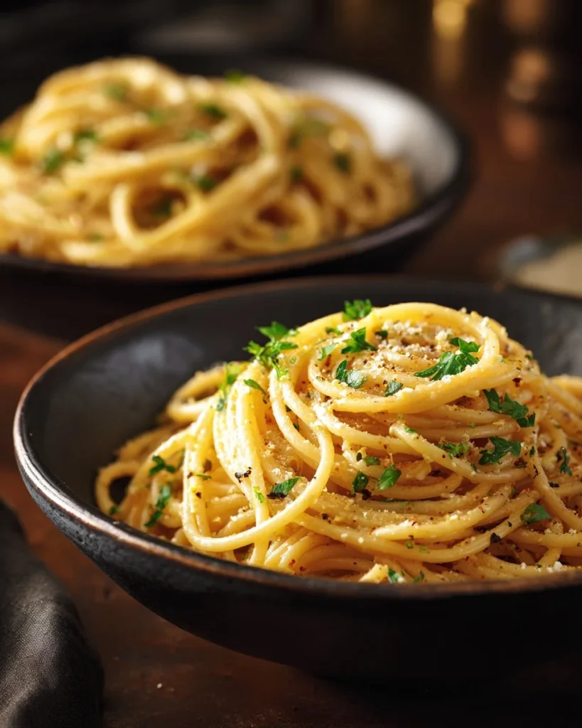 Delicious garlic parmesan spaghetti garnished with parsley and cheese