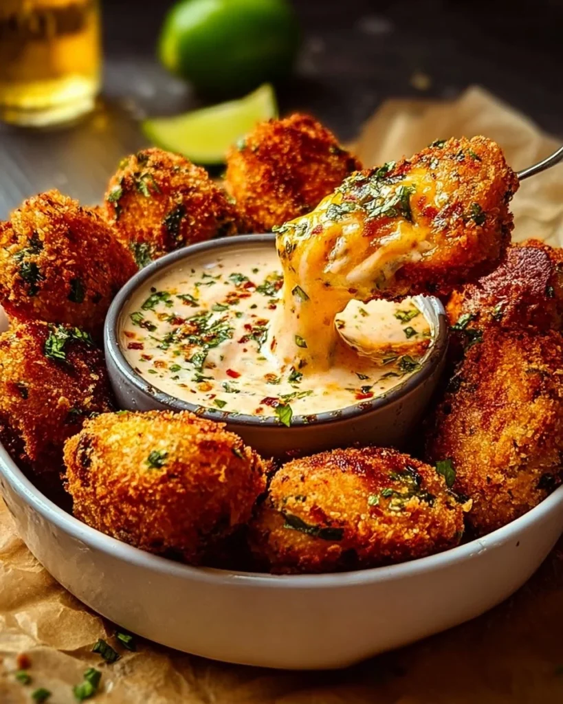 Cheesy jalapeño ranch chicken poppers served with creamy dip
