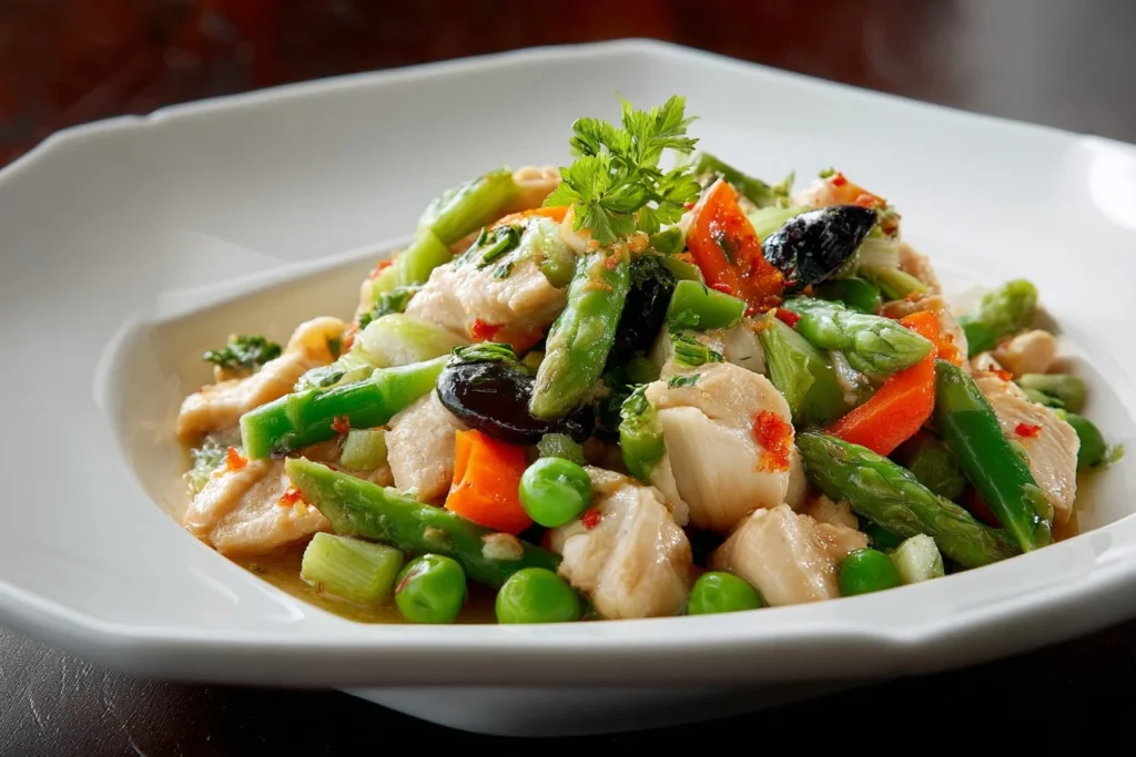 Delicious Chicken Fricassee served with vegetables and herbs
