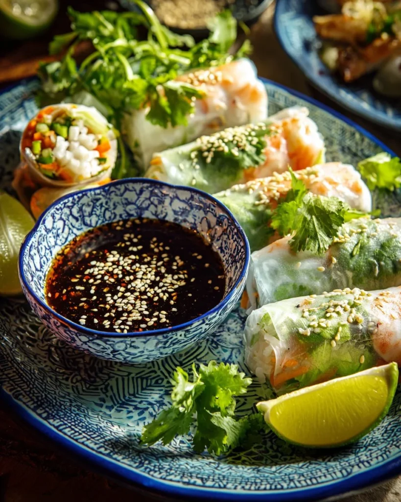 Delicious homemade Chicken Spring Rolls with fresh vegetables and dipping sauce