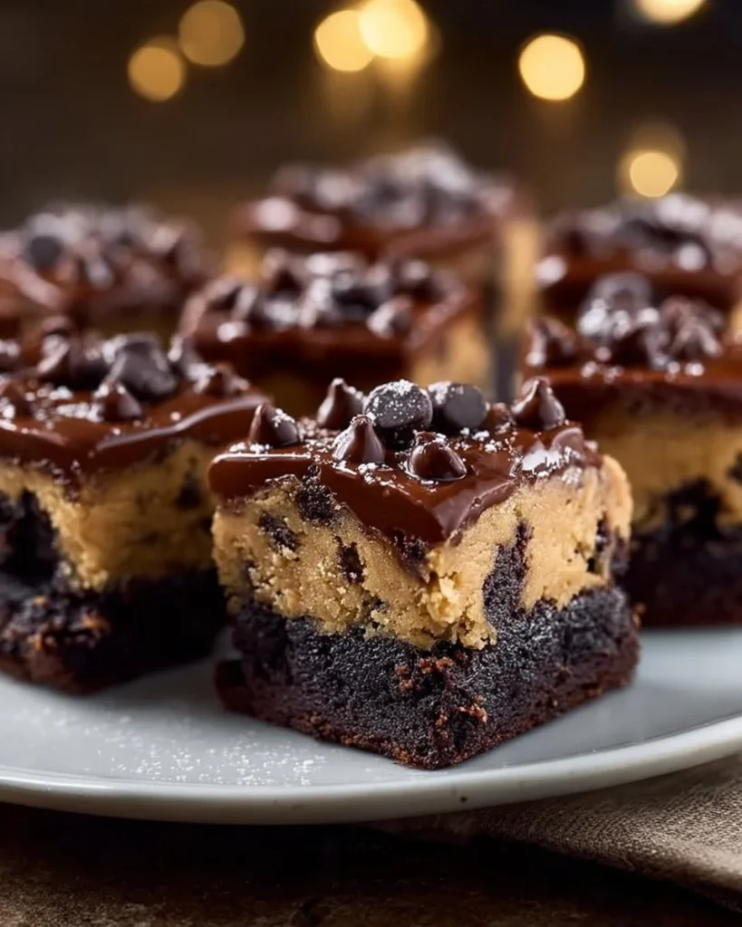 Bite-sized chocolate chip cookie dough brownie bites on a plate