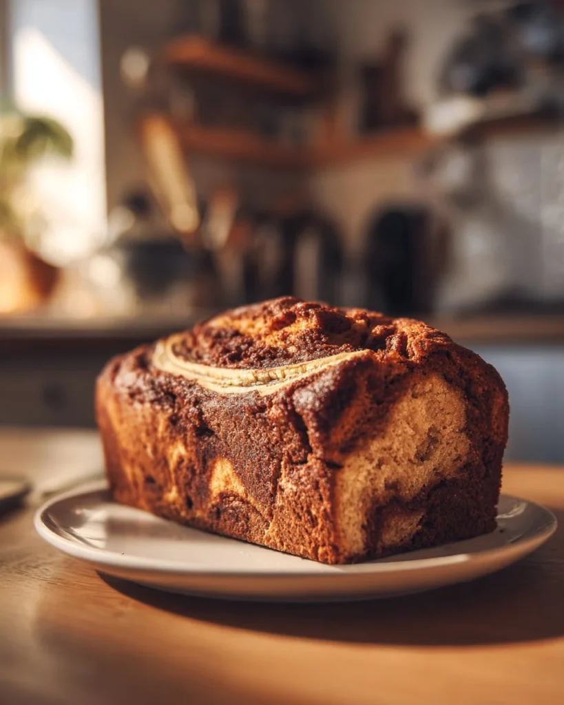 Cinnamon roll banana bread with cinnamon swirl topping on a wooden cutting board