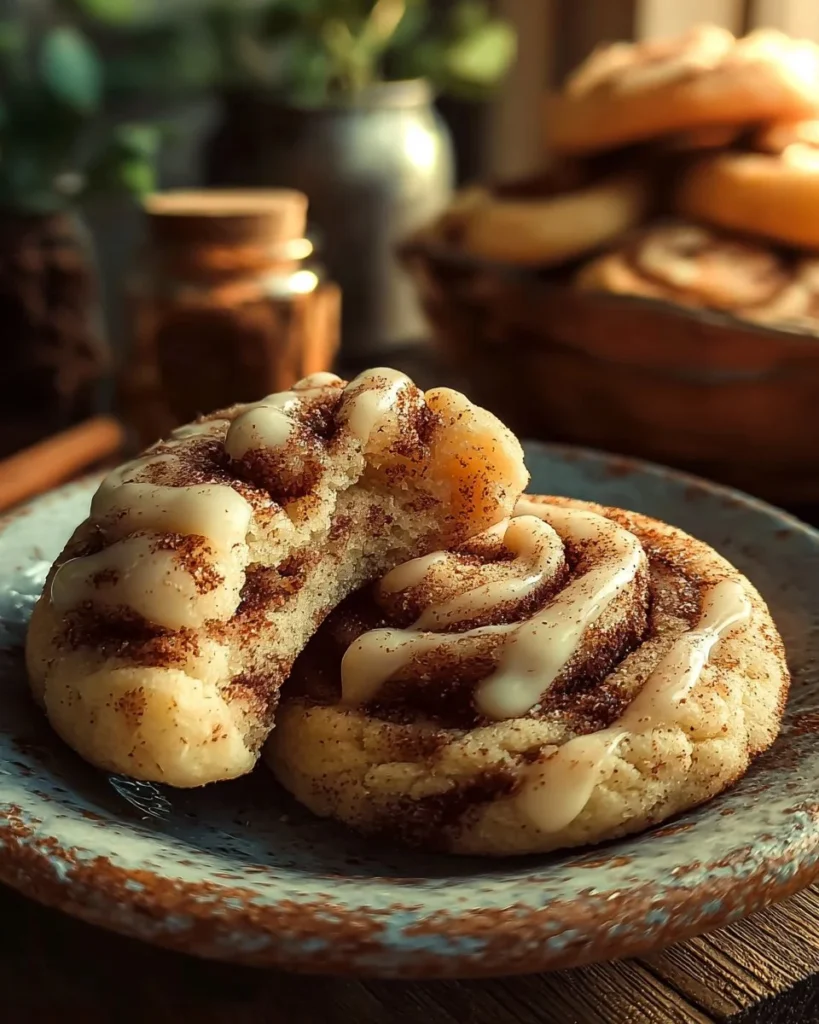 Delicious Cinnamon Roll Cheesecake Cookies on a plate, drizzled with icing