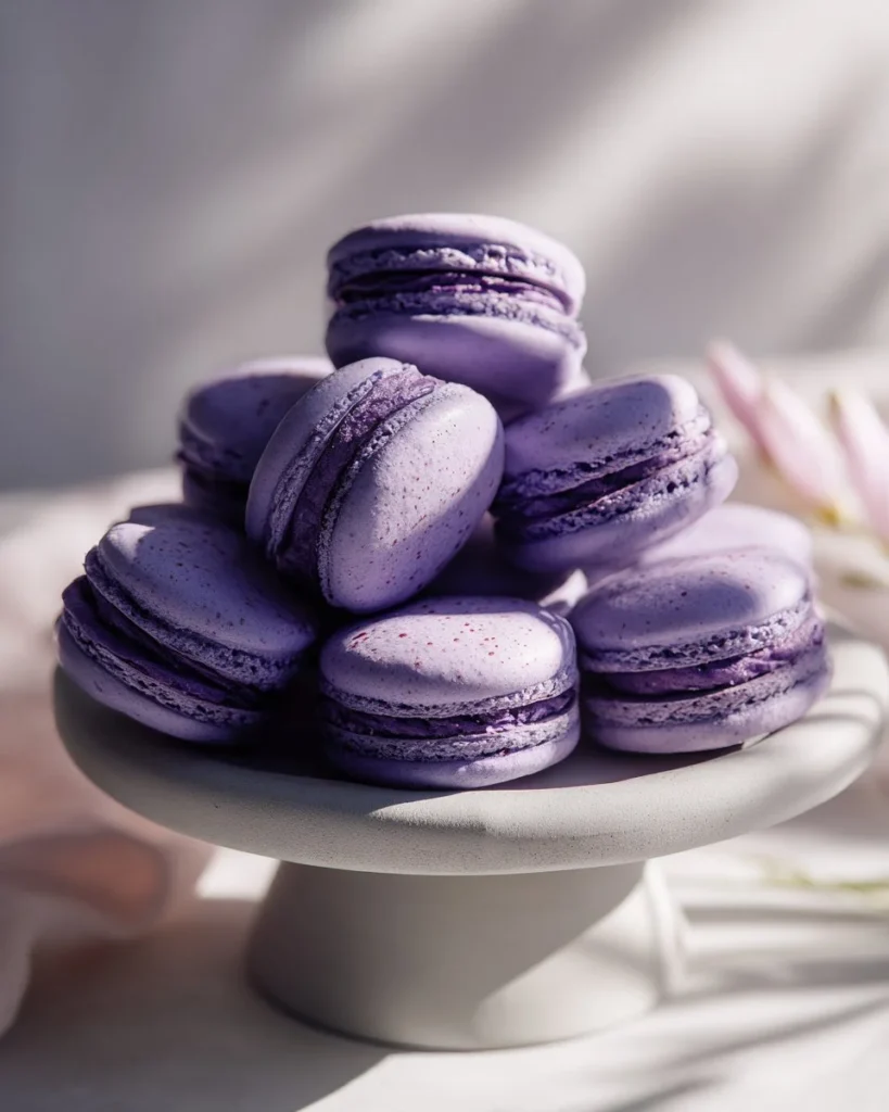A plate of colorful classic French macarons in assorted flavors