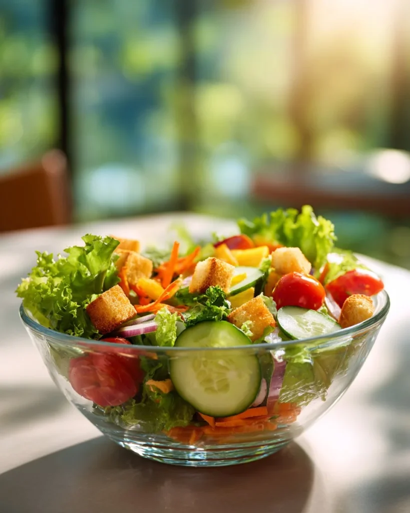 Classic house salad with mixed greens, tomatoes, cucumbers, and dressing