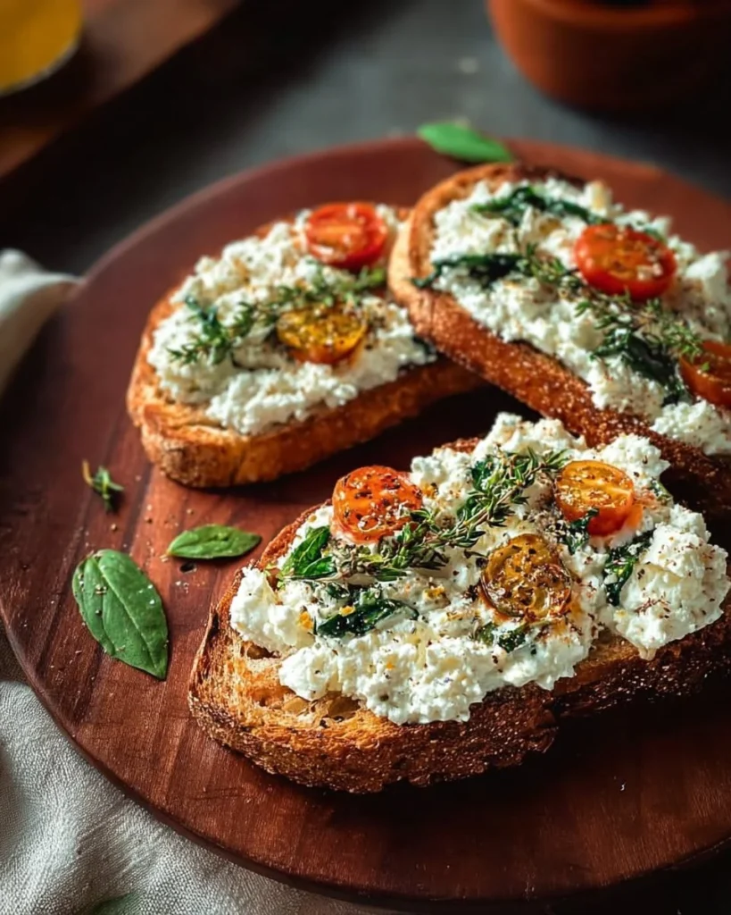 Classic savory cottage cheese toast garnished with herbs and spices.