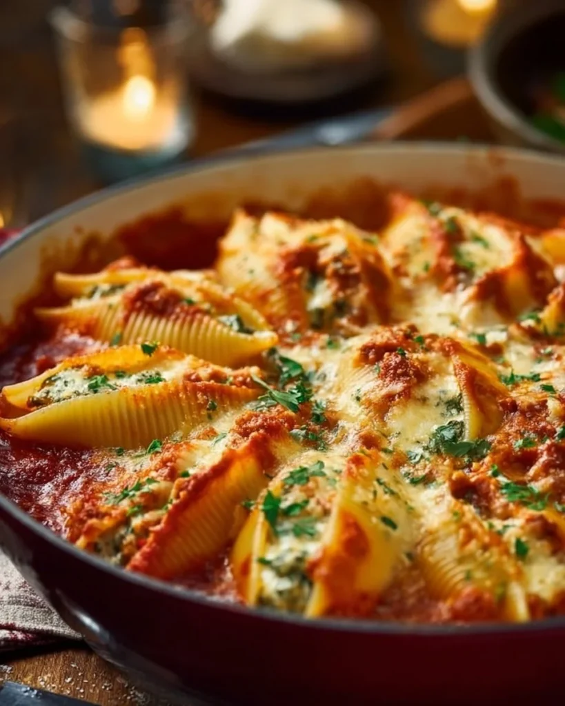 A plate of classic stuffed shells filled with ricotta cheese and marinara sauce.