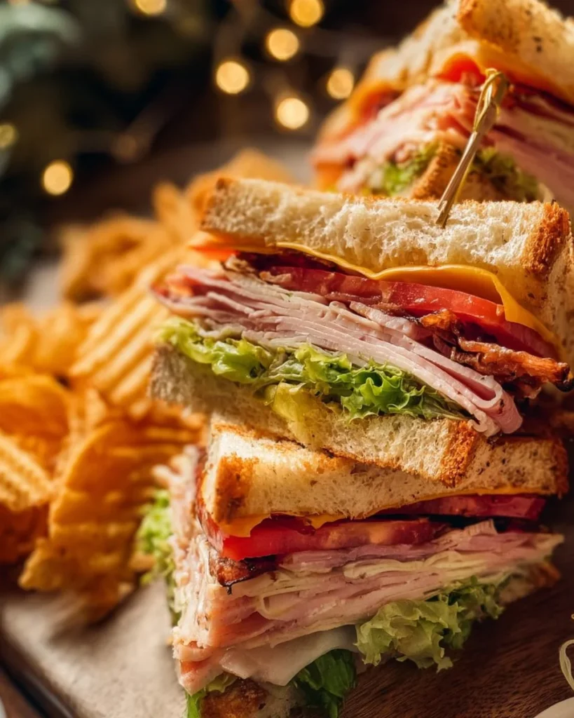 Delicious club sandwich layered with turkey, bacon, lettuce, and tomato.
