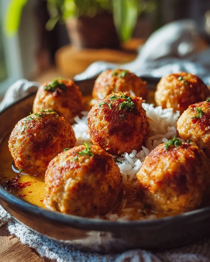Plate of delicious Coconut Chicken Meatballs garnished with herbs.