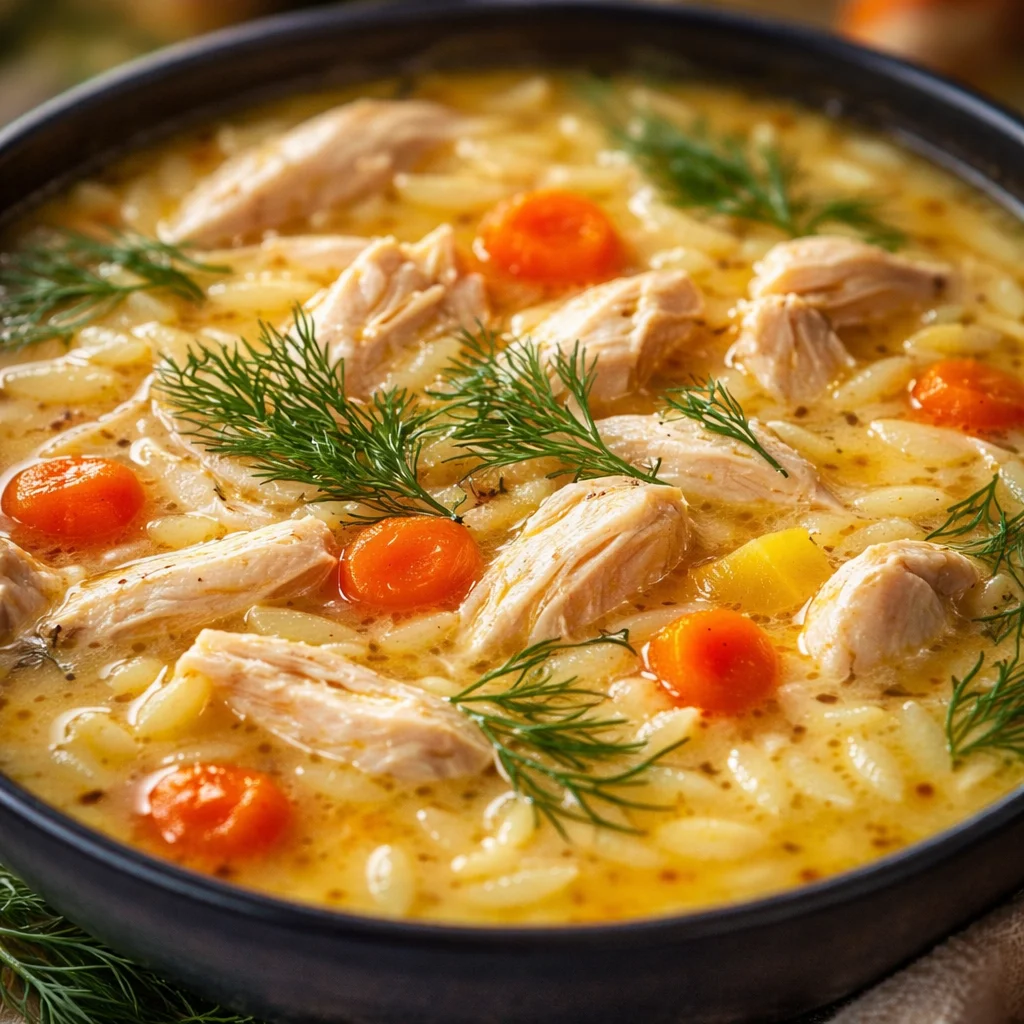 Bowl of Greek Lemon Chicken Soup (Avgolemono) with lemon and chicken pieces.