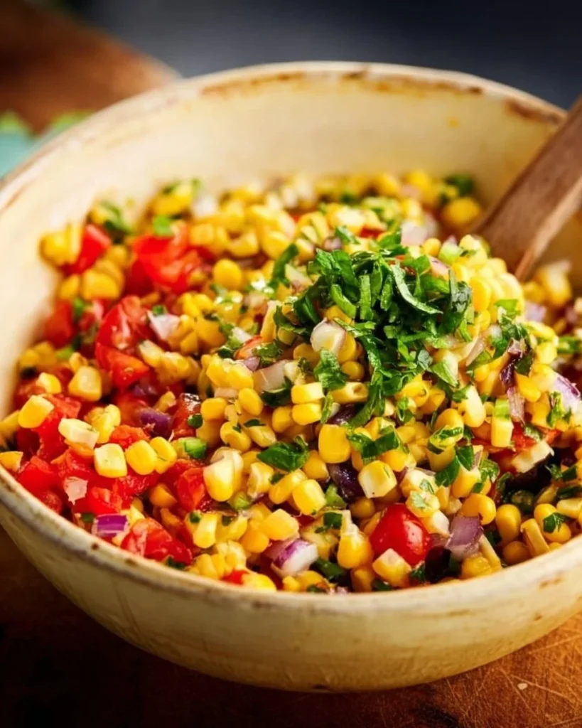 Fresh corn salsa with colorful vegetables in a bowl
