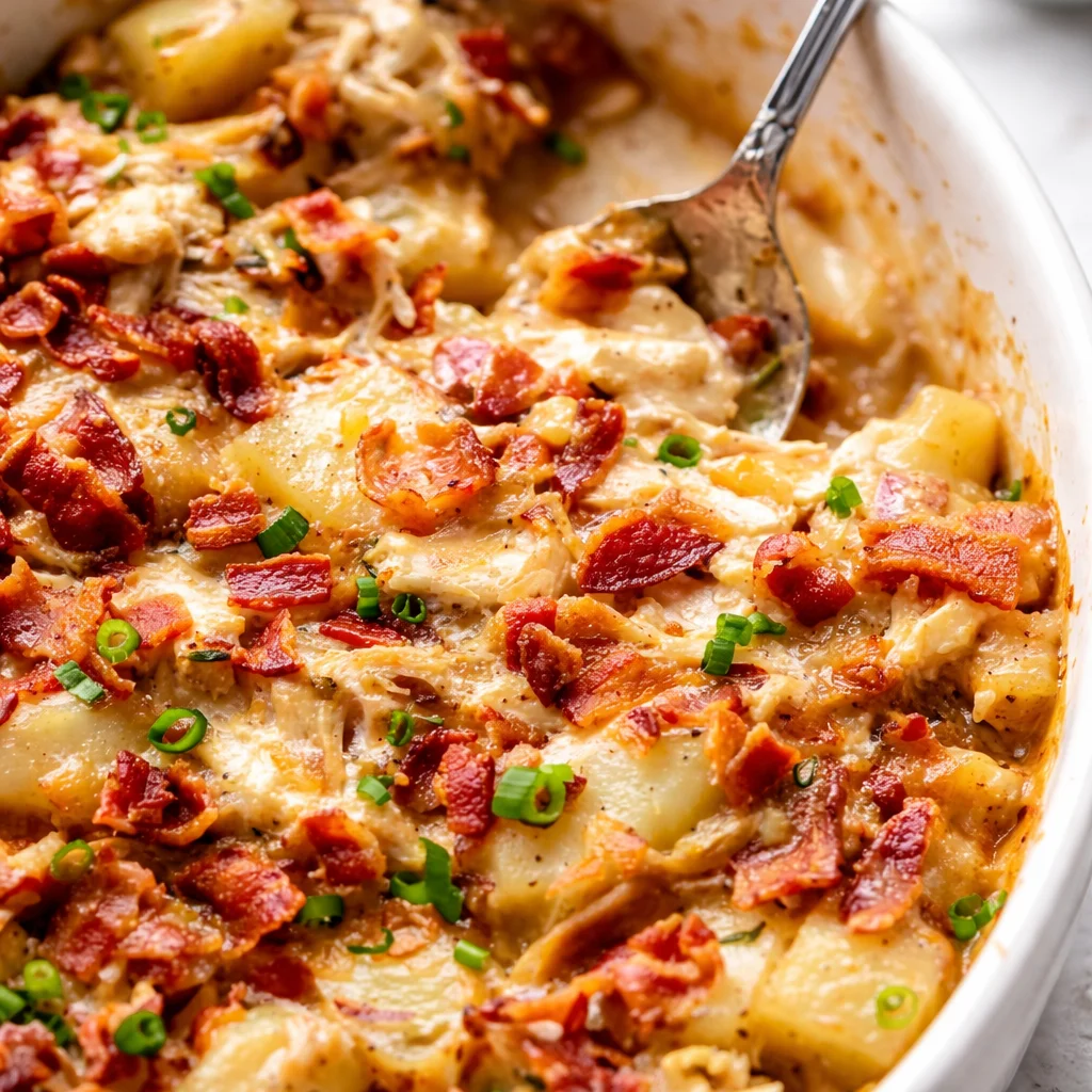 Creamy Chicken Potato Casserole with tender chicken and fluffy potatoes