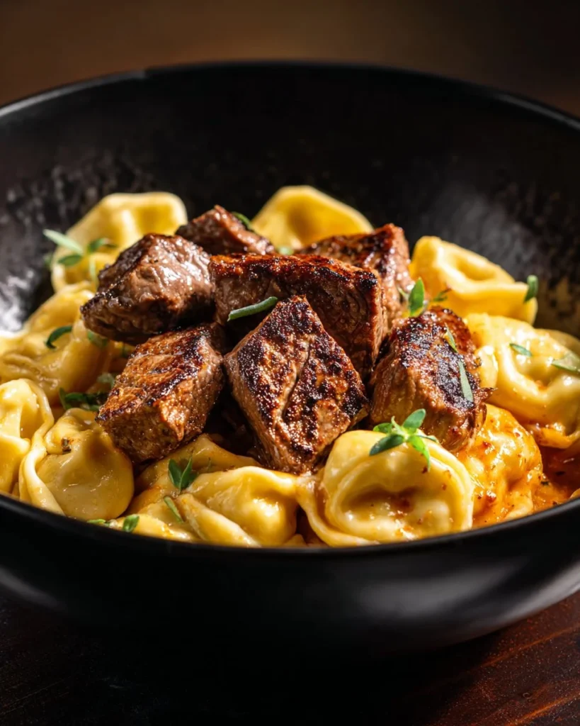 Cracked Garlic Steak Tortellini in Creamhouse Sauce served on a plate