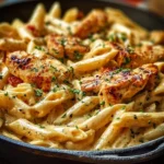 Creamy Cajun Chicken Penne Pasta garnished with fresh herbs and spices