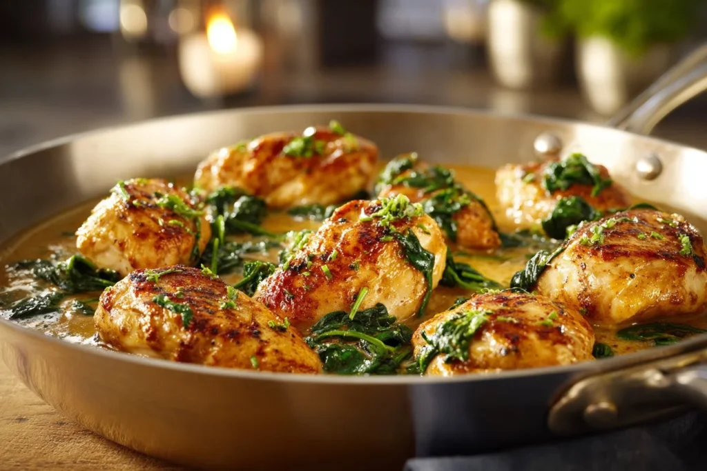 Creamy Chicken Florentine dish with spinach and sauce served on a plate.