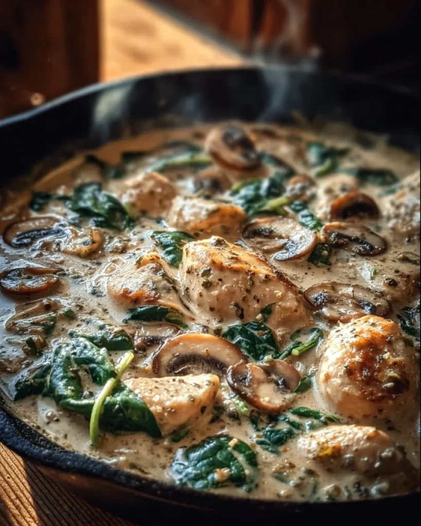 Creamy chicken mushroom spinach skillet dish with fresh ingredients