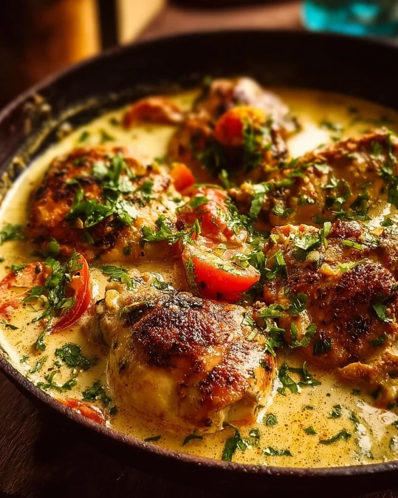 Creamy coconut milk chicken served with fresh herbs and vegetables