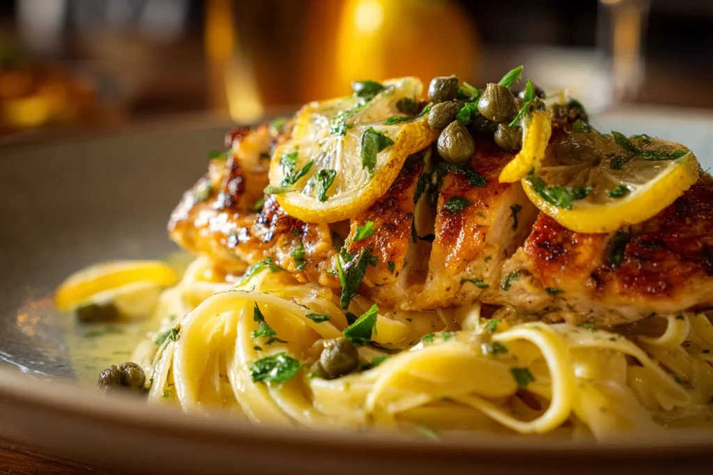 Creamy Lemon Chicken Piccata served with herbs and lemon slices