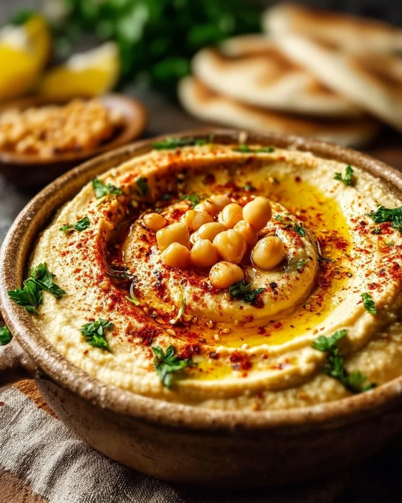 Bowl of creamy Mediterranean Hummus with olive oil and herbs