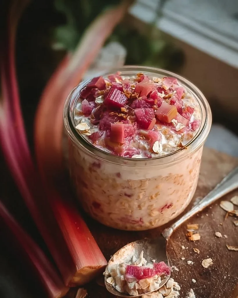 Bowl of creamy rhubarb overnight oats topped with fresh rhubarb slices and almonds