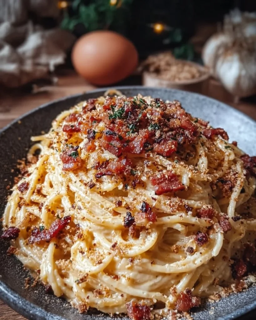 Delicious creamy Roman-style Carbonara topped with cheese and pepper