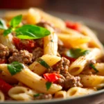 Creamy Rotel pasta with ground beef served in a bowl