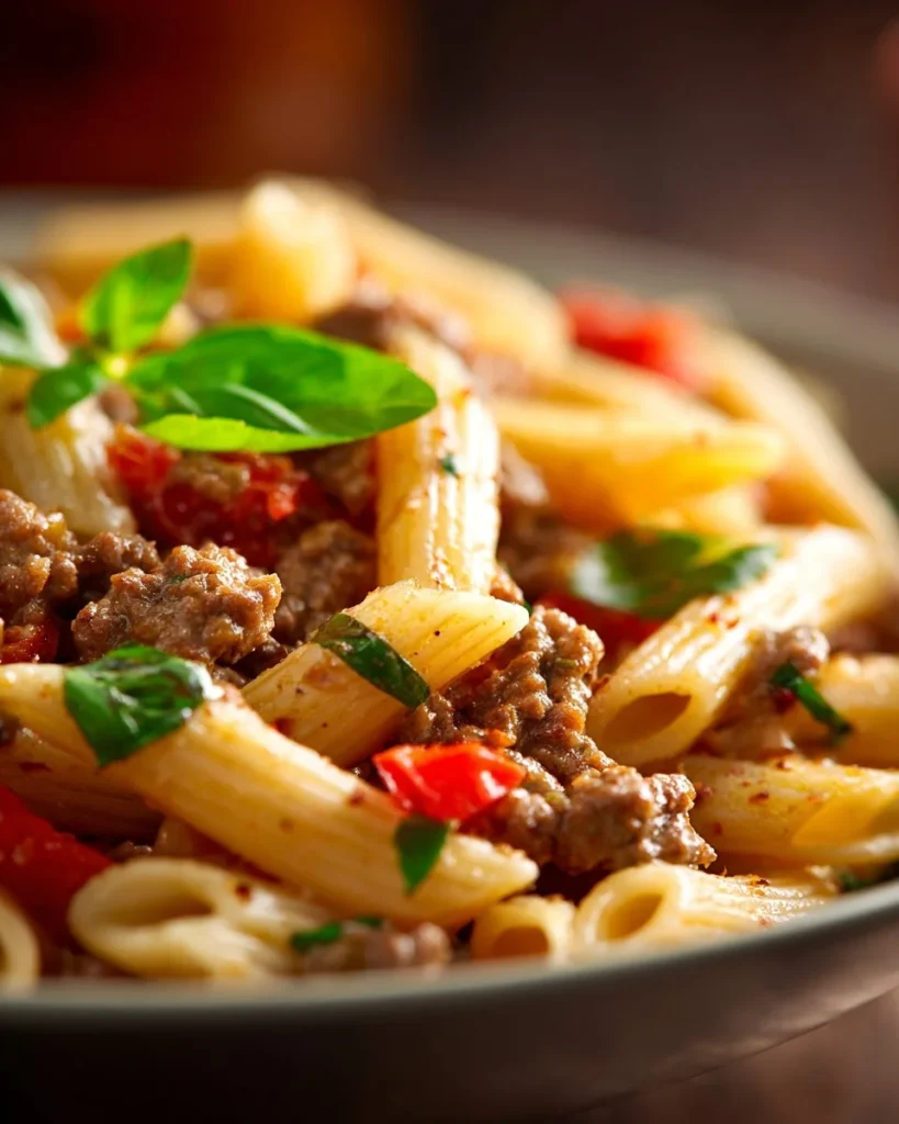 Creamy Rotel pasta with ground beef served in a bowl
