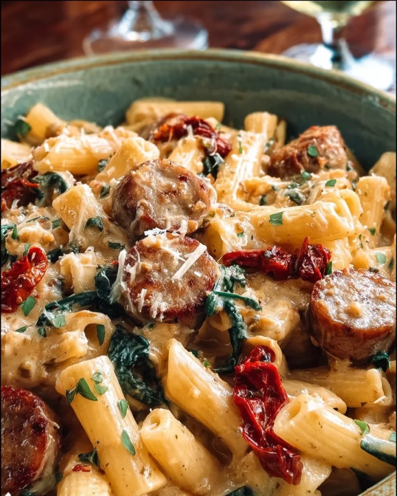 Creamy Tuscan sausage pasta with spinach and tomatoes in a bowl