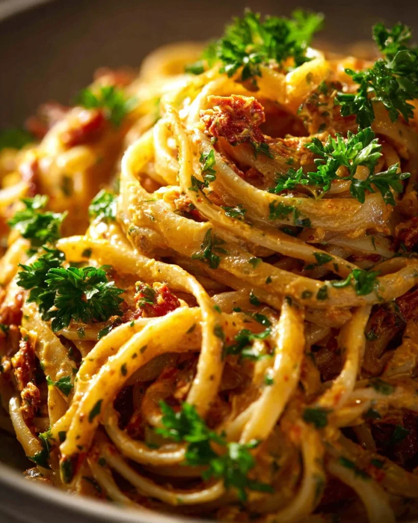 Creamy vegan sun-dried tomato pasta topped with fresh herbs