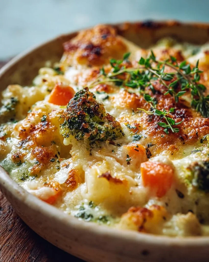 Creamy winter vegetable casserole topped with cheese and herbs