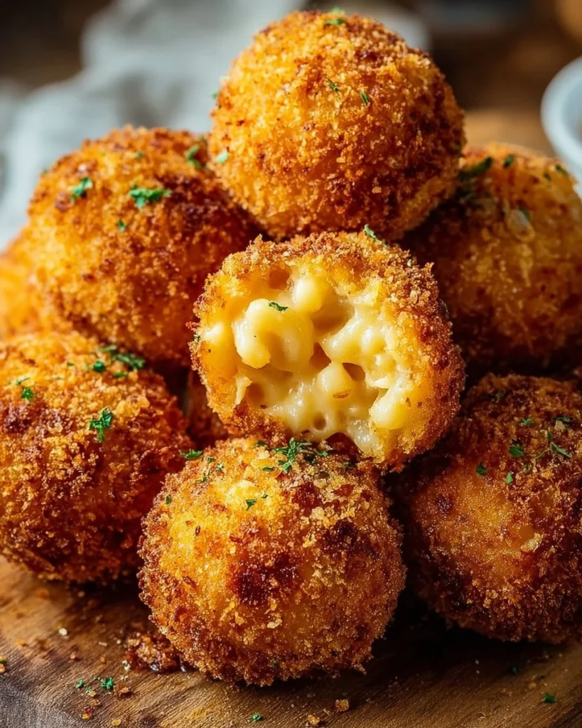 Crispy air fryer macaroni and cheese balls on a plate
