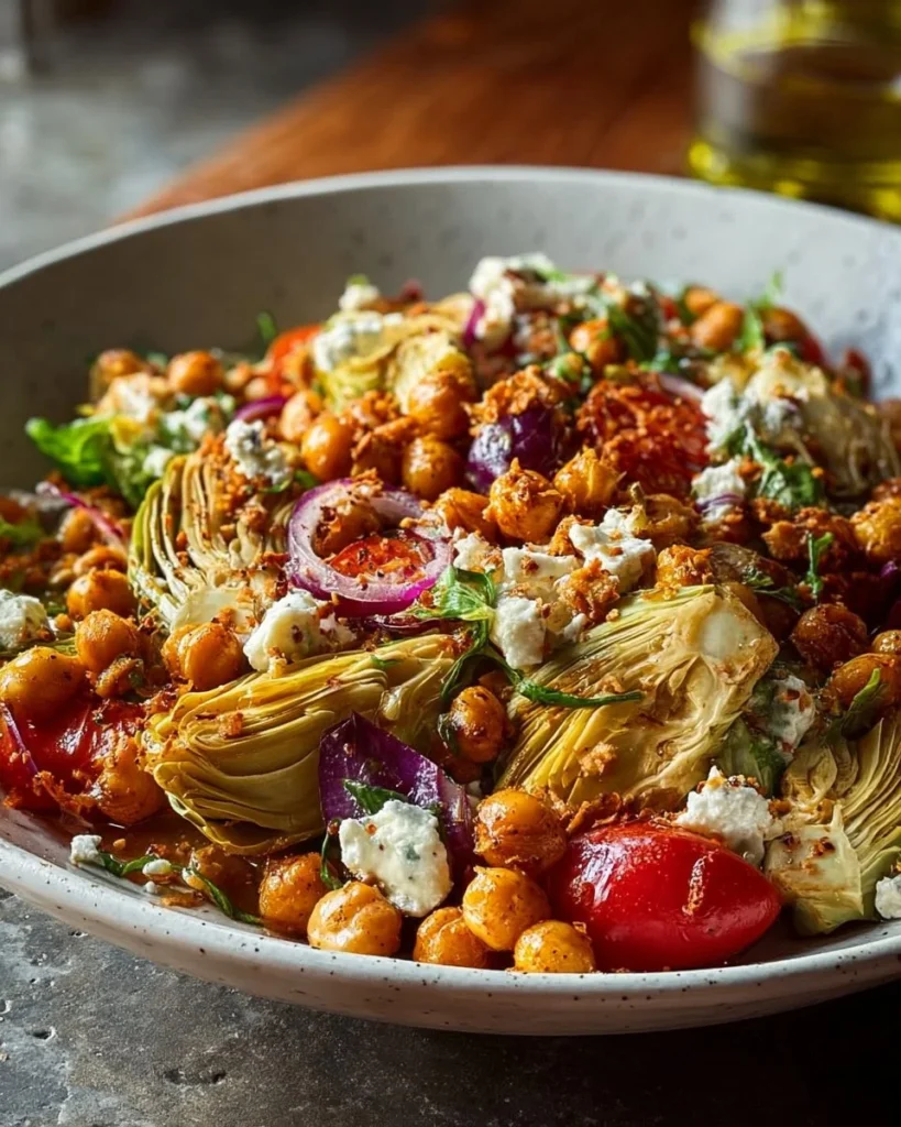 Crispy chickpea artichoke salad filled with fresh veggies and herbs