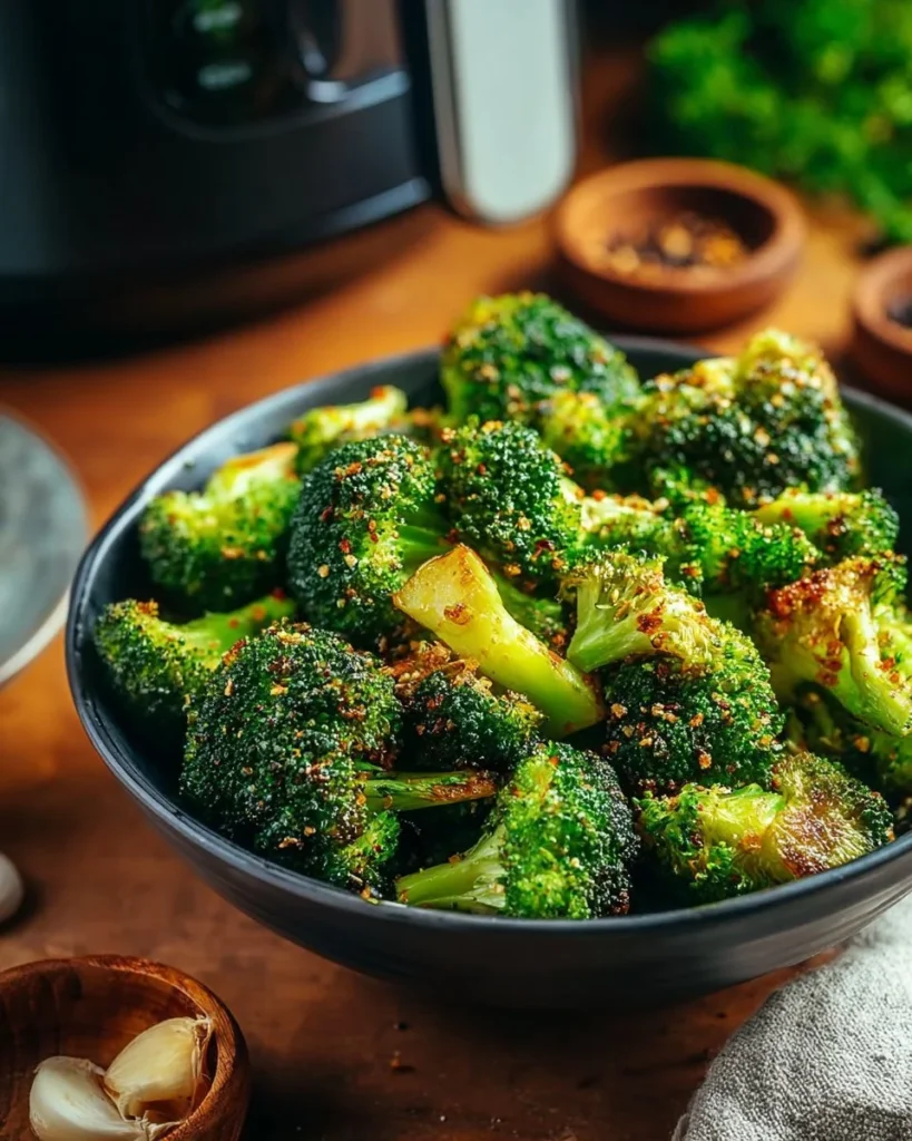 Crispy Garlic Air Fryer Broccoli served in a bowl