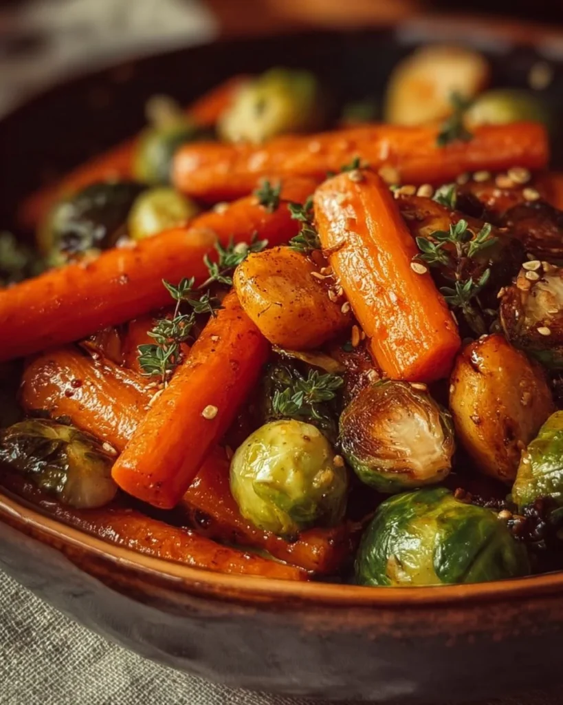 Crispy maple glazed carrots and Brussels sprouts on a serving dish.