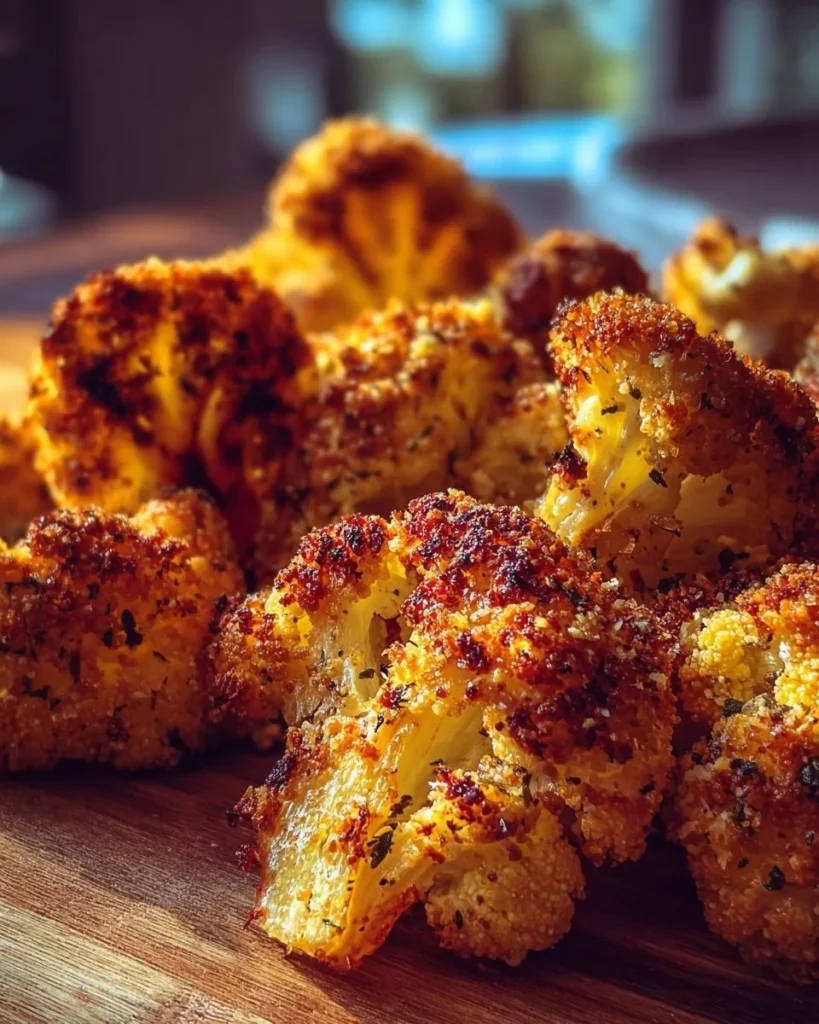 Plate of crispy Parmesan roasted cauliflower florets garnished with herbs.