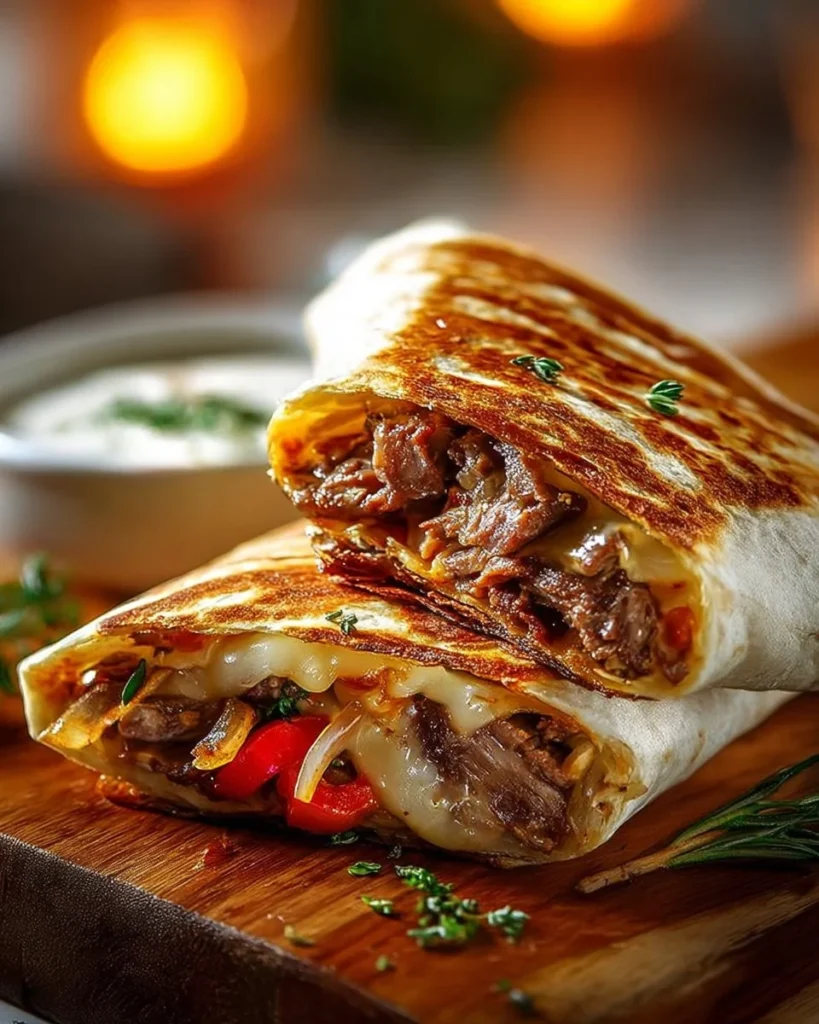Crispy Philly cheesesteak grilled wraps served on a plate