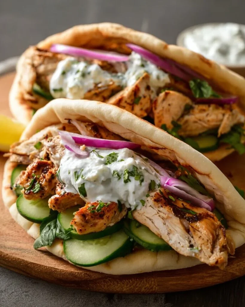 Crockpot Greek Chicken Pitas served with Tzatziki sauce