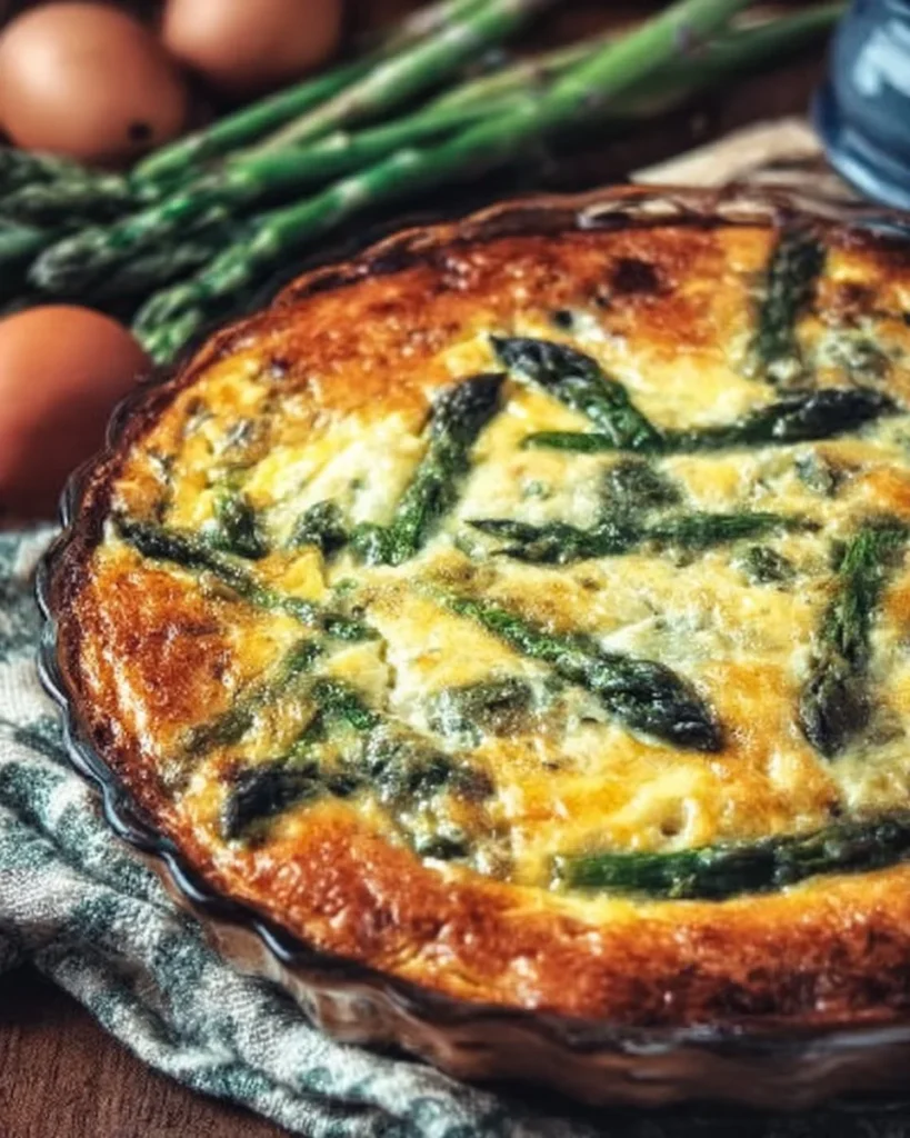 A slice of savory crustless asparagus quiche served on a plate.