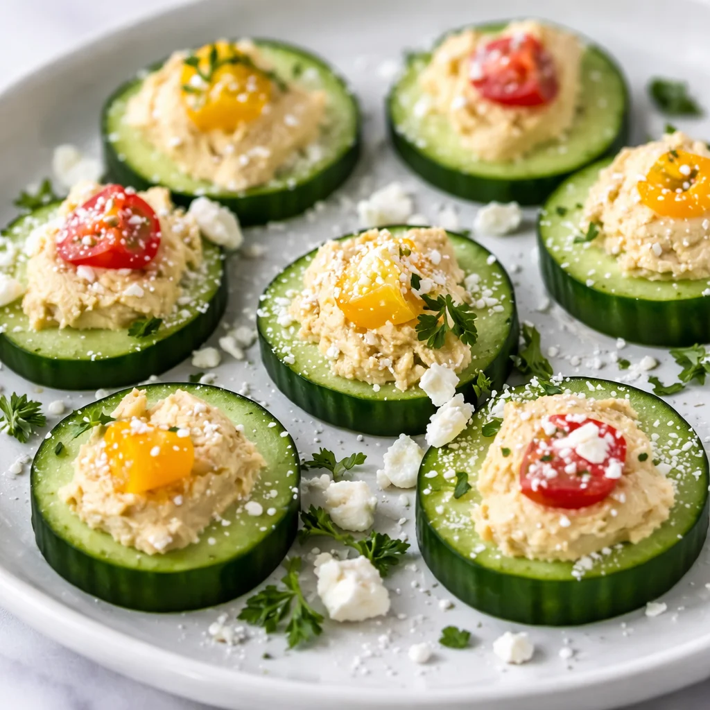 Cucumber and hummus bites topped with cherry tomatoes and feta cheese.