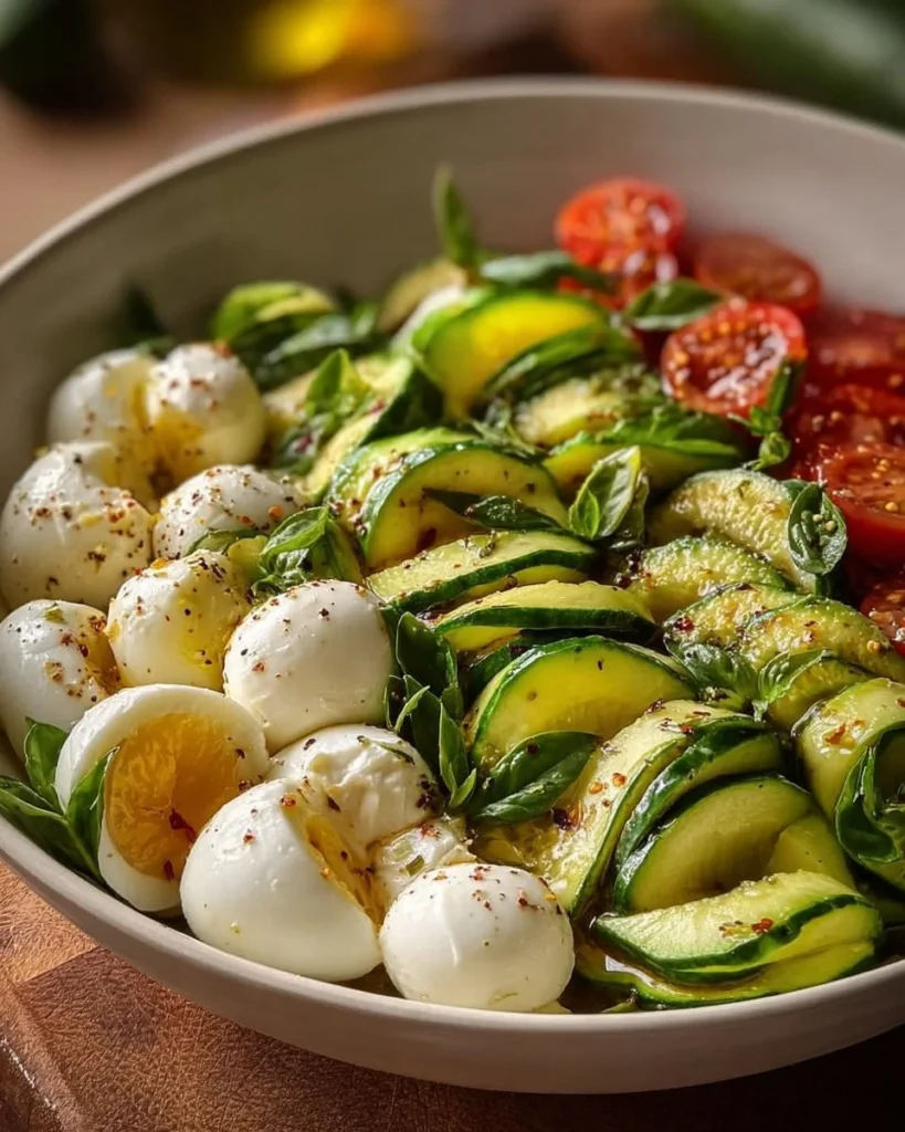 Fresh Cucumber Mozzarella Salad with herbs and dressing