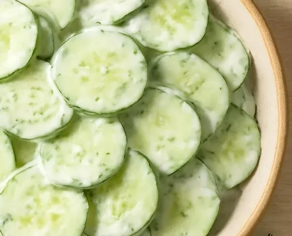 Fresh cucumber salad with herbs and dressing served in a bowl.