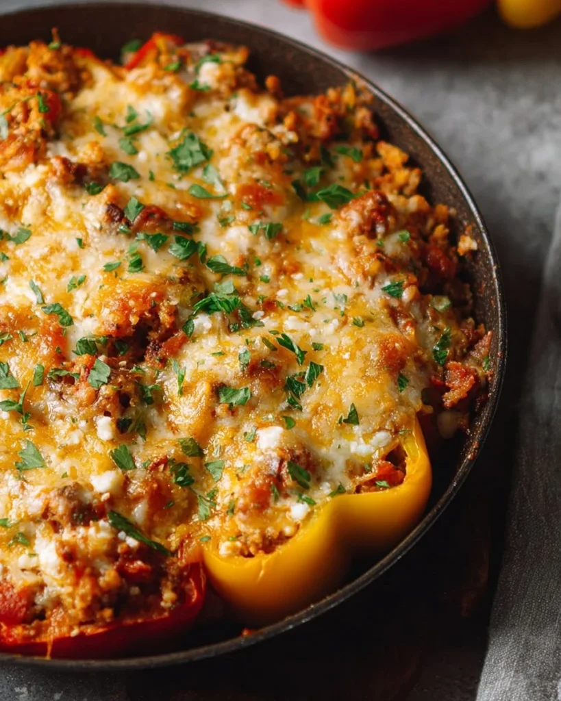 A bowl of deconstructed stuffed peppers with colorful vegetables and rice.