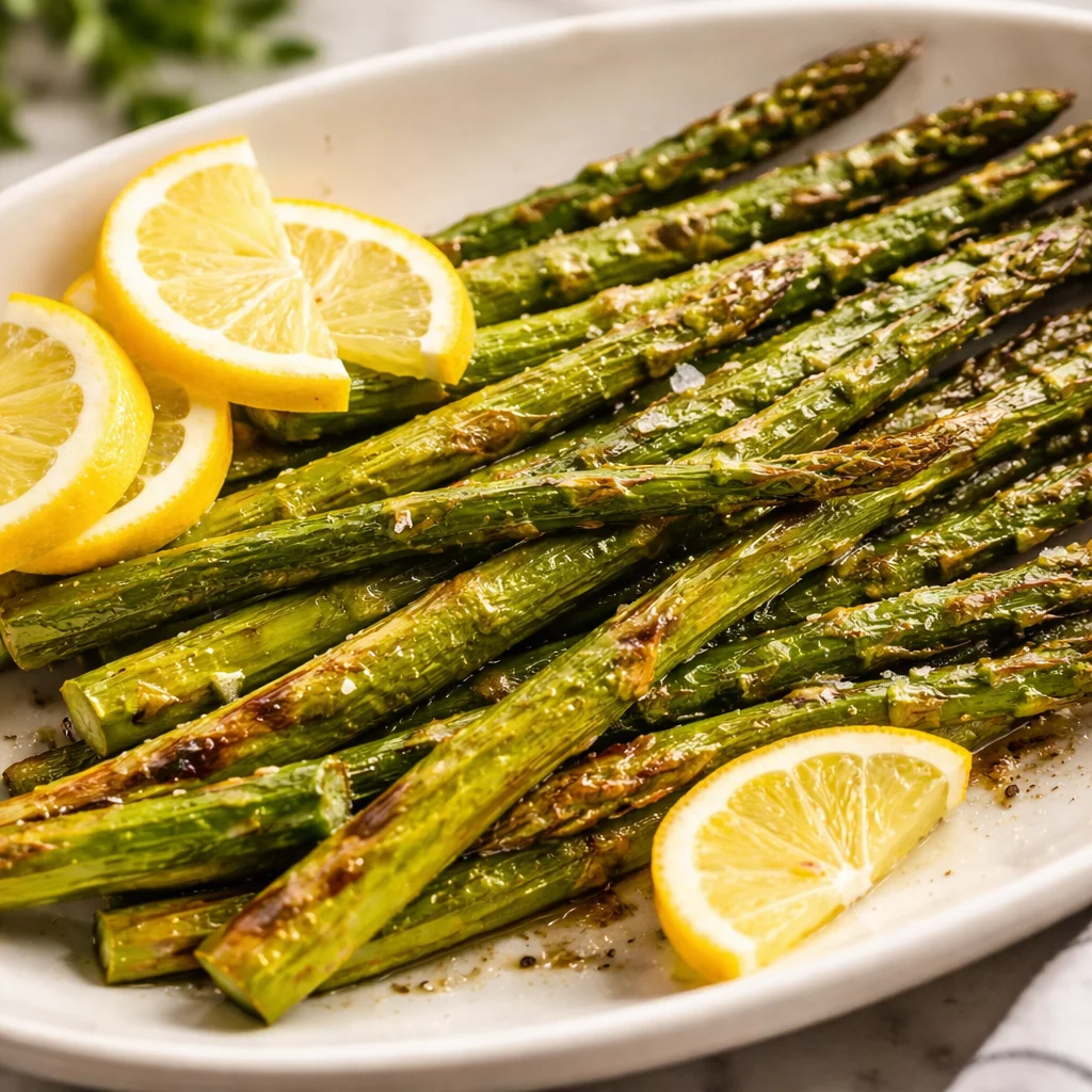 Delicious oven roasted asparagus garnished with Parmesan cheese