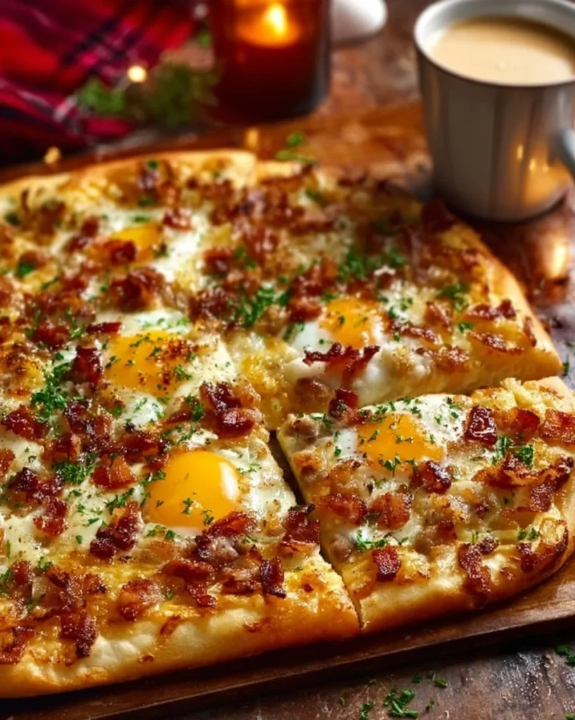 Delicious breakfast pizza topped with eggs, cheese, and fresh vegetables