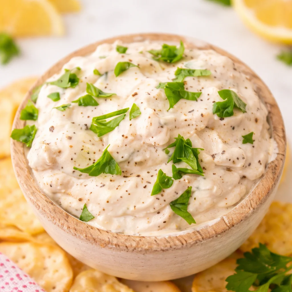 Creamy Clam Dip with Cream Cheese served with chips and fresh vegetables.