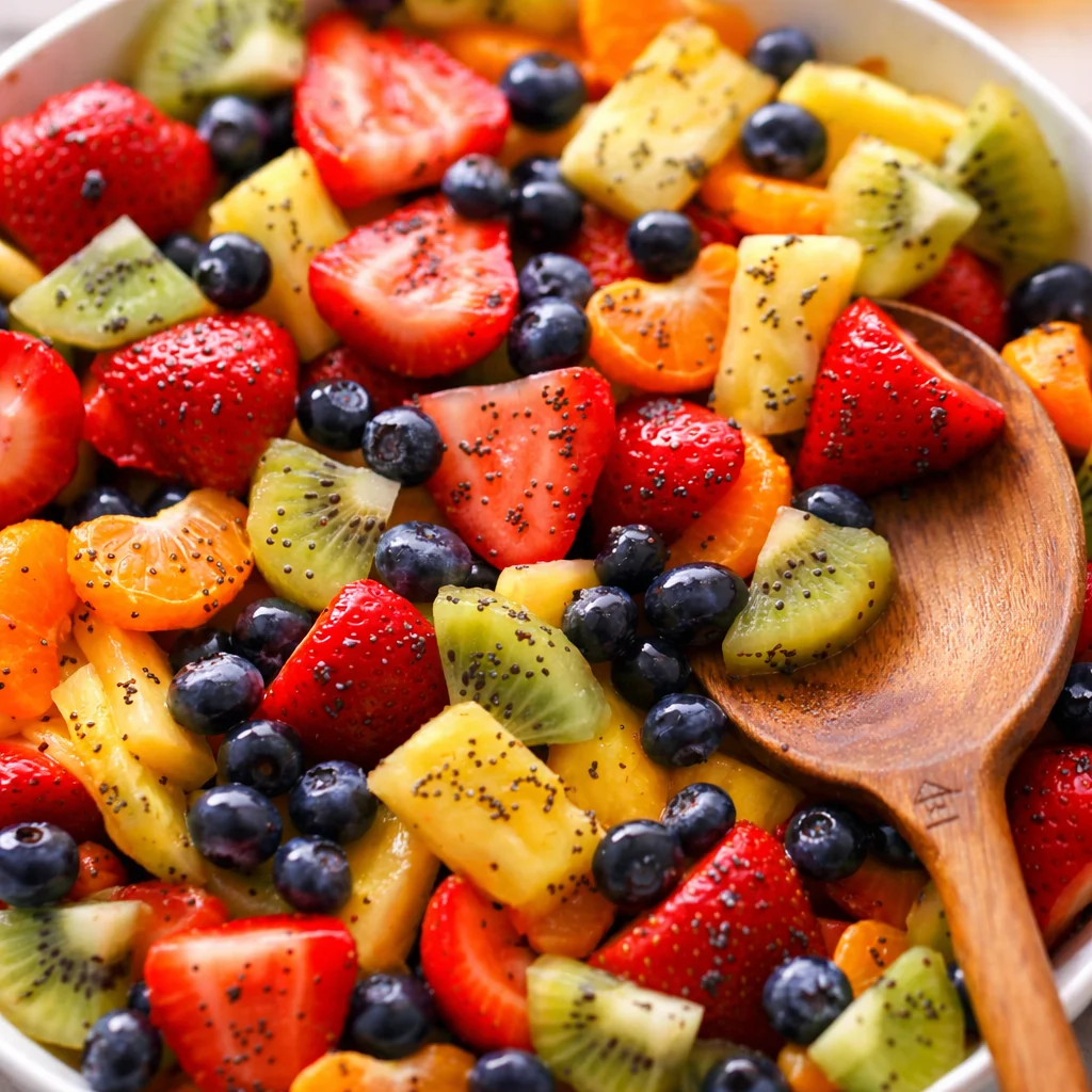 Fresh Fruit Salad with Honey-Lime Poppy Seed Dressing served in a bowl with seasonal fruits.