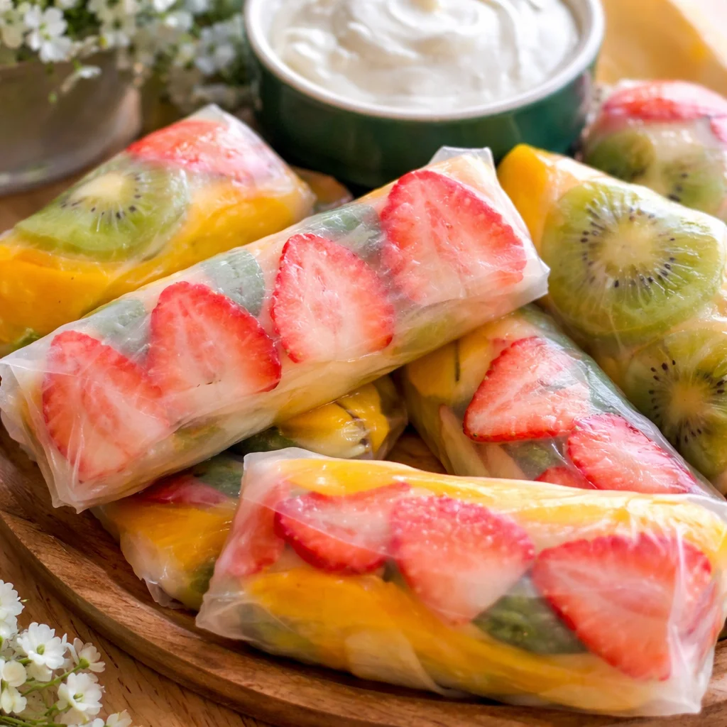 Colorful fruit spring rolls with strawberries, mango, and kiwi served as a fresh summer snack.