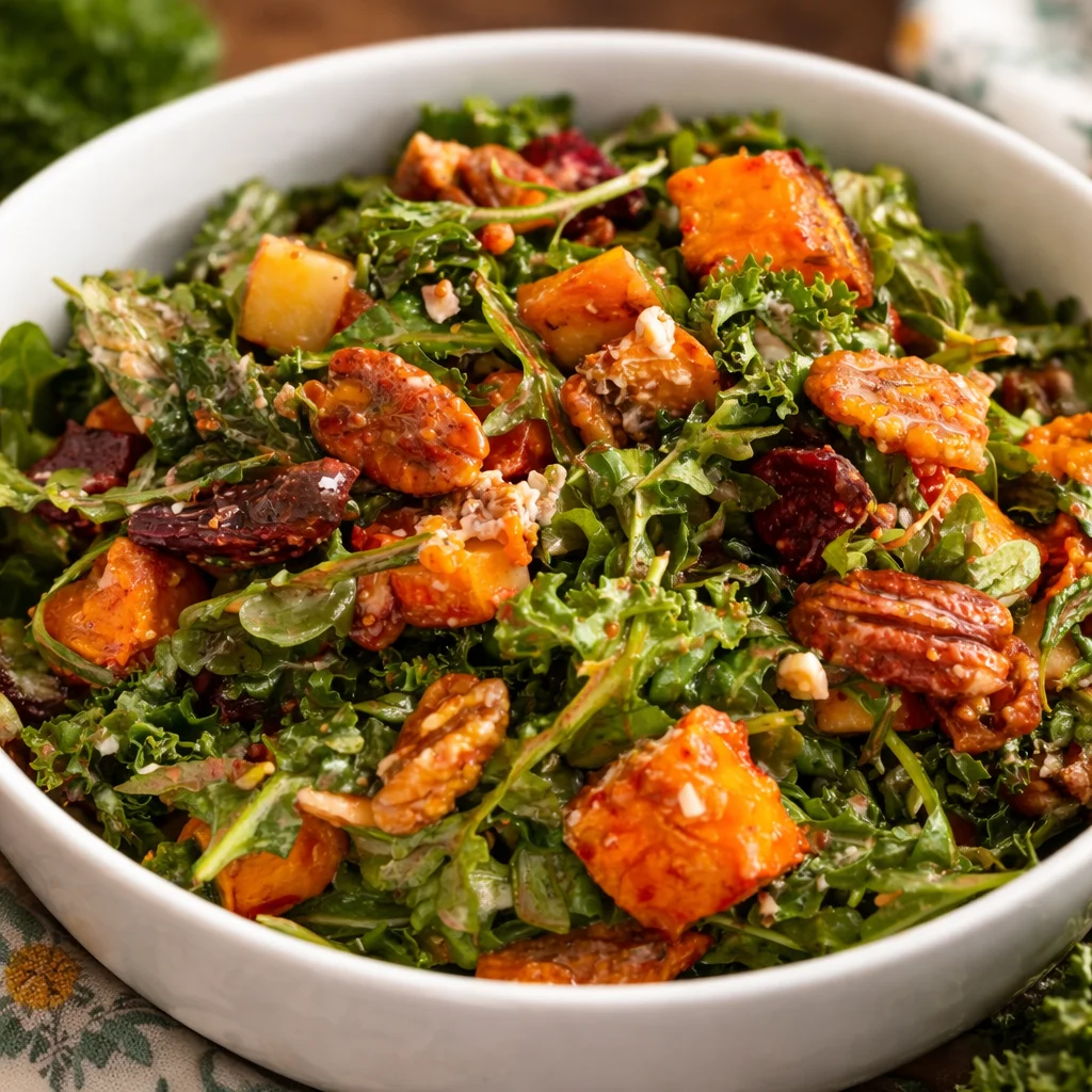 Delicious Harvest Salad with Lemon Thyme Dressing featuring roasted sweet potatoes and kale